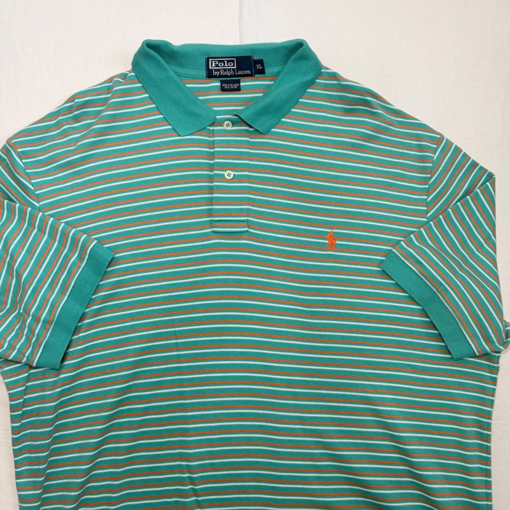 Polo Ralph Lauren Polo Shirt Mens XL Teal Orange Striped Short Sleeve
